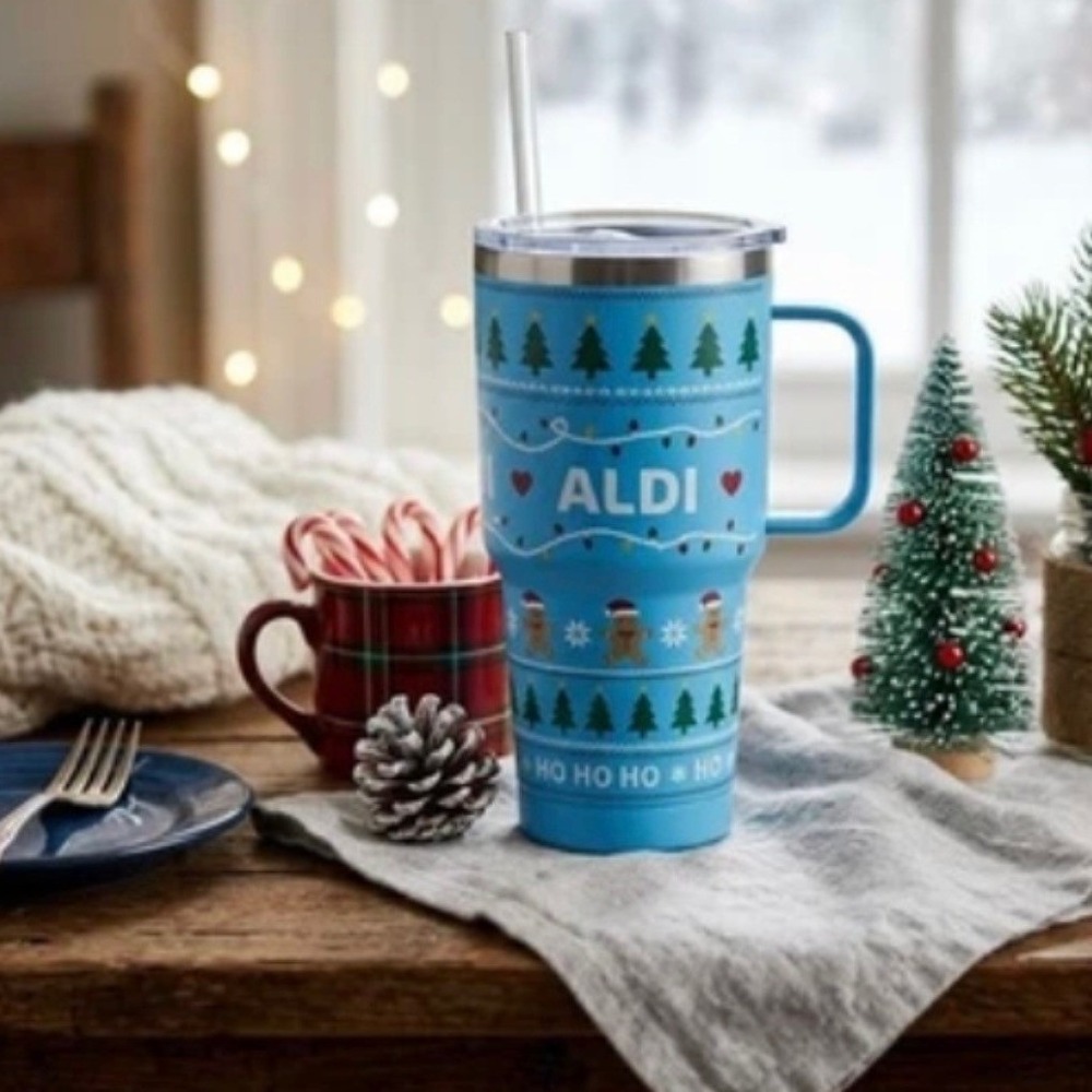 Aldi Gear Christmas Tumbler Stainless Steel Travel Handle Mug Straw 30 oz.‎ NEW